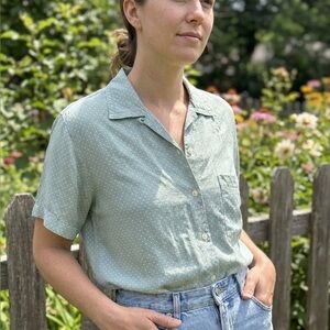 Vintage 80s Esprit Light Mint Sage Green Polka Dot Button-Down Shirt